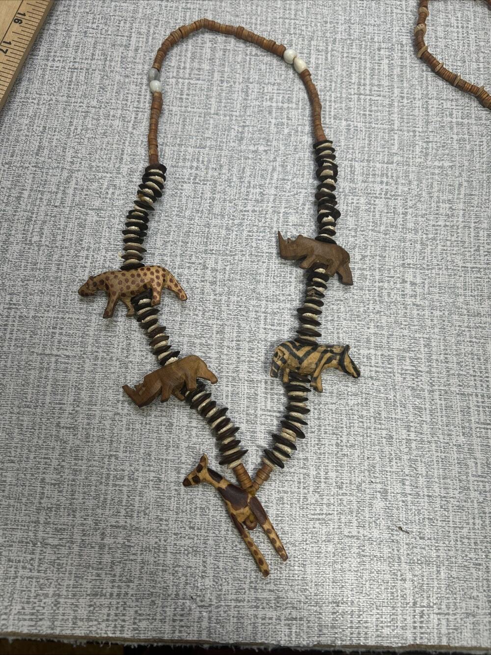 Vintage African Beaded Necklace Wood Seeds Hand Carved Safari Animals 15” Tribal